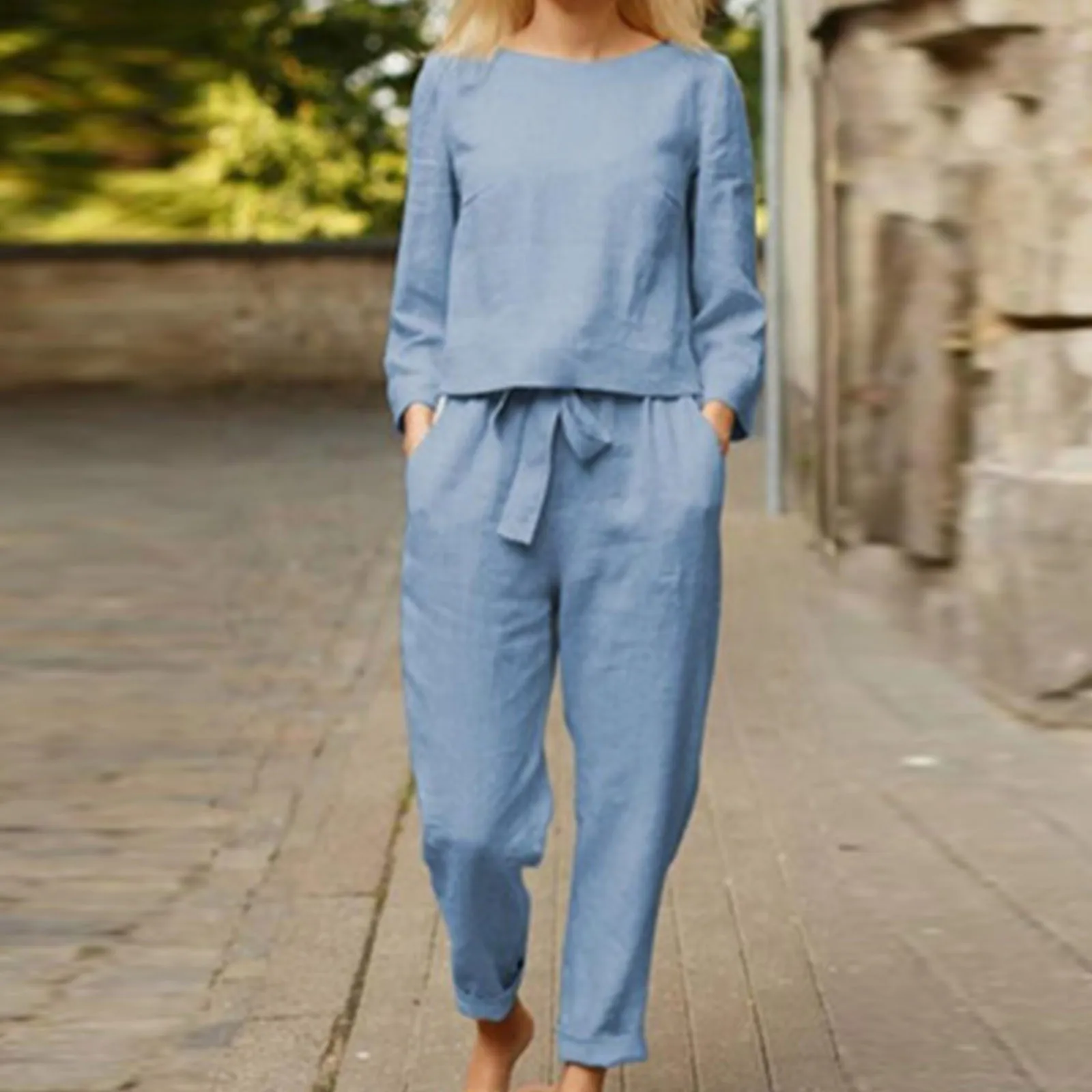 2PC Autumn Lady Elegant Long Sleeve Outfit Women Cotton Linen Two Piece Sets Casual O Neck Tops Wide Leg Pants Suits conjuntos 2