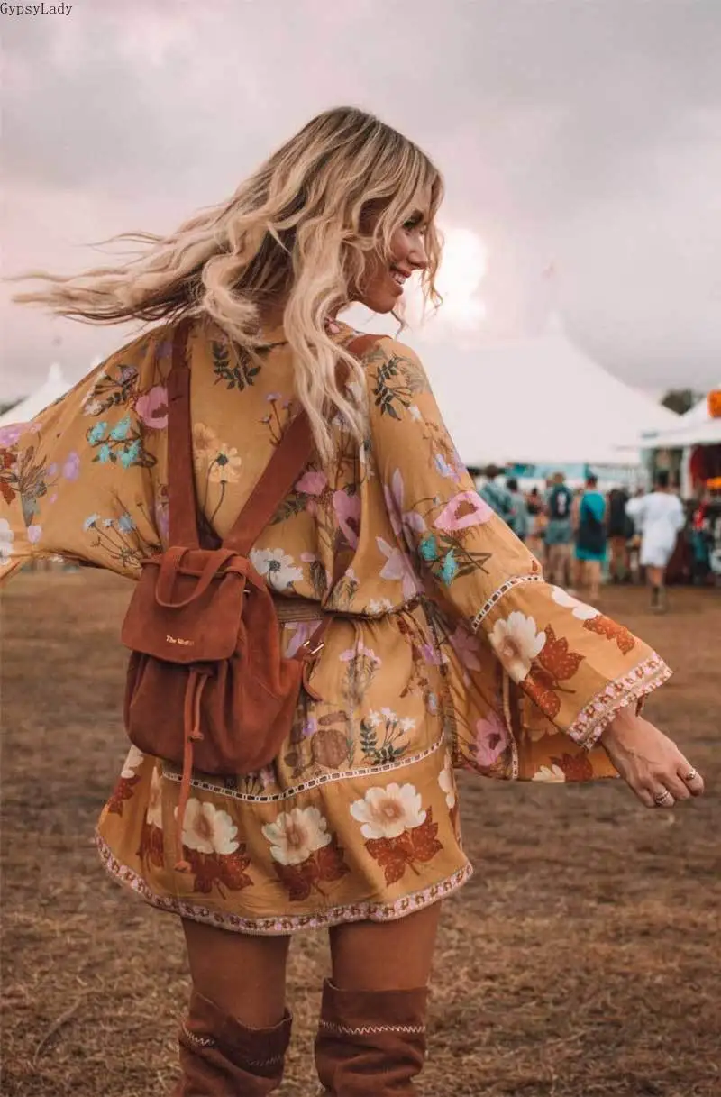 GypsyLady, кимоно с цветочным принтом в пустыне для женщин, 3/4 рукав, пояс, Boho, кимоно, открытая передняя часть, пляжный топ,, цыганская летняя блузка, Топ