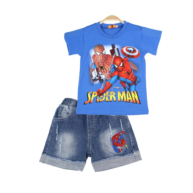 

2023 New Boys Outfits Cartoon Summer Cotton Kids T-shirt&Denim Shorts Clothing Set for Children Suit Clothes Spiderman