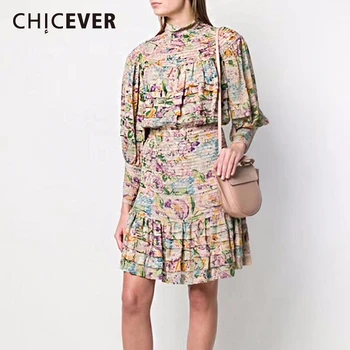 

CHICEVER Bohemian Print Dress Women Stand Collar Lantern Sleeve High Waist Tunic Female Dresses 2020 Autumn Fashion New Clothes