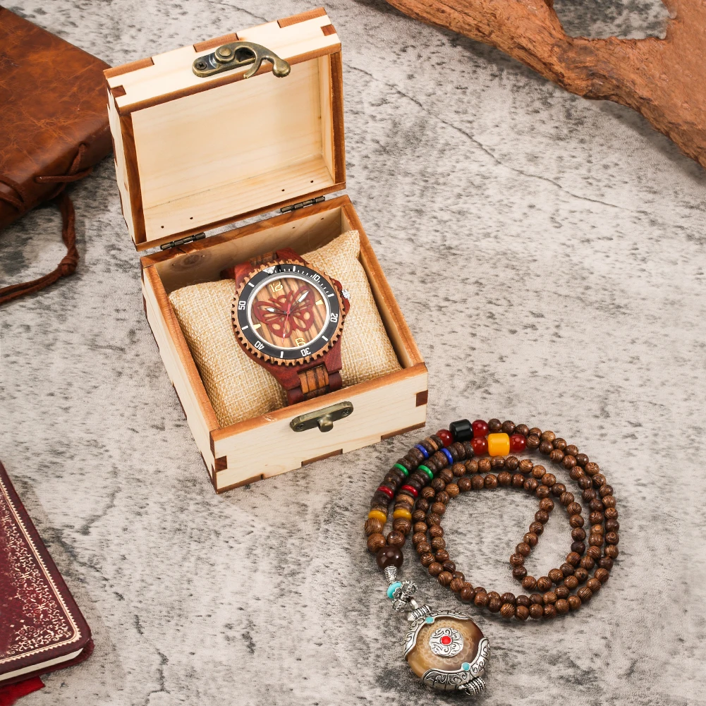 

Male Quartz Watches Necklace Gift Set Vintage Man Full Wooden Wristwatch Butterfly Dial Men's Pendant with Wood Gifts Box Set