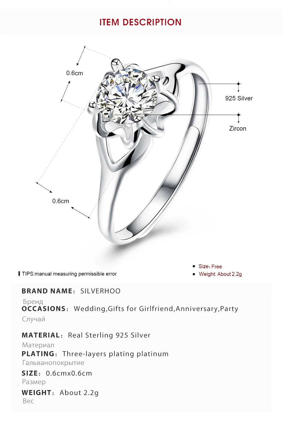 SILVERHOO 925 Sterling Silver Ring 5A Cubic Zirconia Flower Design Adjustable Geometric Women Rings Party Fine Jewelry Gift New