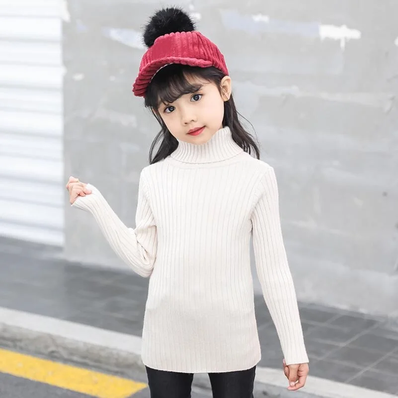 Осенне-зимний свитер для маленьких девочек-подростков Топы с высоким воротником и длинными рукавами; детский пуловер; свитера; детская трикотажная однотонная одежда - Цвет: white sweater girl