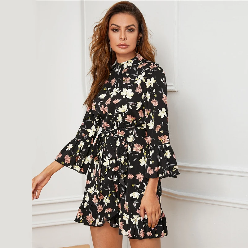 Sheinside Casual Floral Print Ruffle Hem Wrap Dress Women Autumn Flounce Sleeve A Line Dresses Ladies 3/4 Sleeve Dress