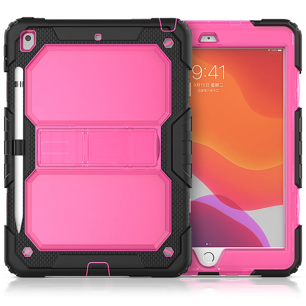 Transparent Hot pink Для Apple iPad 10,2 7th Genetation чехол A2200/A2197/A2198 Hybird PC Прочный противоударный защитный плечевой ремень силиконовый чехол - Цвет: Transparent Hot pink