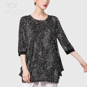 

Novmoop French elegant style white dot printed summer mid-length 100% silk women top shirtpoleras mujer roupas feminina LT2787