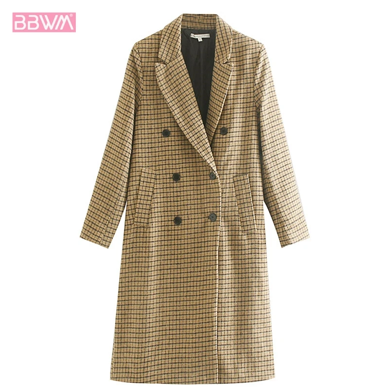 

Loose Plaid Long Sleeve Double-Breasted Long Wool Female Coat 2019 Winter New Lapel Chic Women's Jacket Tops