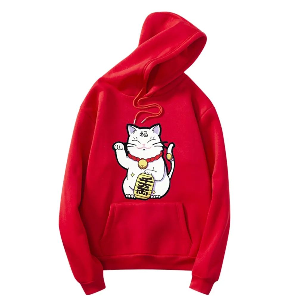 Японский Харадзюку толстовка женская толстовка; осень счастливый кот печати Толстовка Kawaii пуловер с капюшоном топы уличная# B - Цвет: Красный