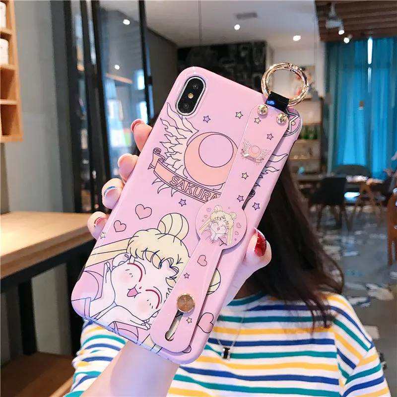 Для iPhone 11 pro Max мультфильм Сейлор Мун ремешок мягкий чехол для телефона для iPhone X XR XS Max 6 6S 7 8plus милый чехол+ ремешок