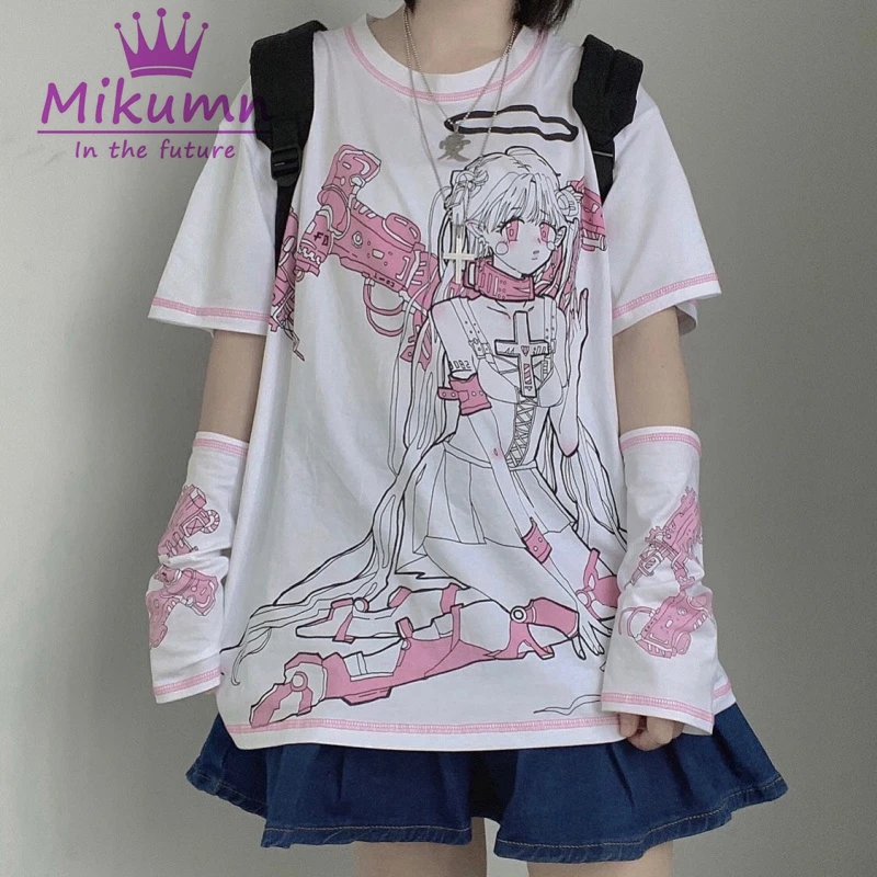 女性と女の子のための半袖tシャツ 日本の原宿スタイル 漫画の天使のプリント ラウンドネック シックなストリートウェア Tシャツ Aliexpress