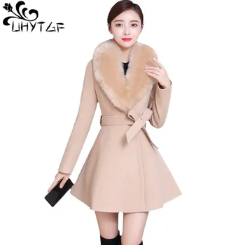 

UHYTGF Wool coat womens quality large fur collar elegant winter jacket fashion double-breasted Belt slim casual female coats 478