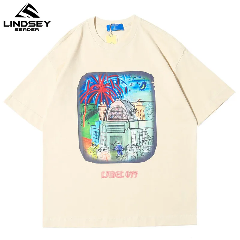 LINDSEY SEADER SEASIDE TOWN TEE 2020 Men Hip Hop T Shirt Streetwear Summer Short Sleeve Loose Cotton T-Shirt Harajuku | Мужская одежда