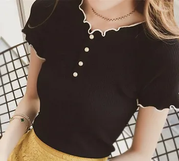 

Women's ruffle collar slim-fit cotton short-sleeved T-shirt