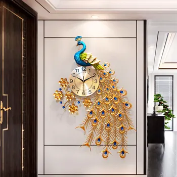 

Chinese Luxury Wrought Iron Peacock Wall Clocks Home Livingroom Mute Clock Wall Mural Decoration Lobby Porch Wall Sticker Crafts
