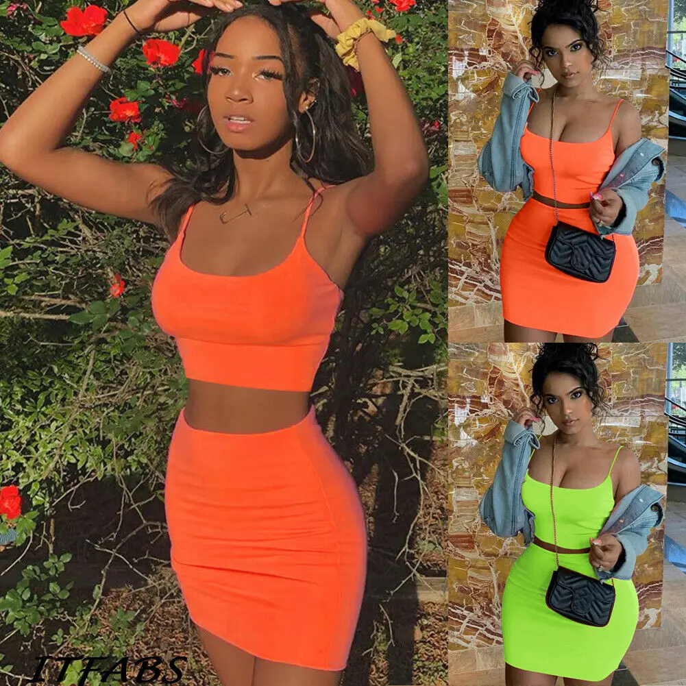 

New Fashion Green Orange Womens Tank Crop Tops Skirt Outfits Two Piece Suit Bodycon Bandage party Mini Dress