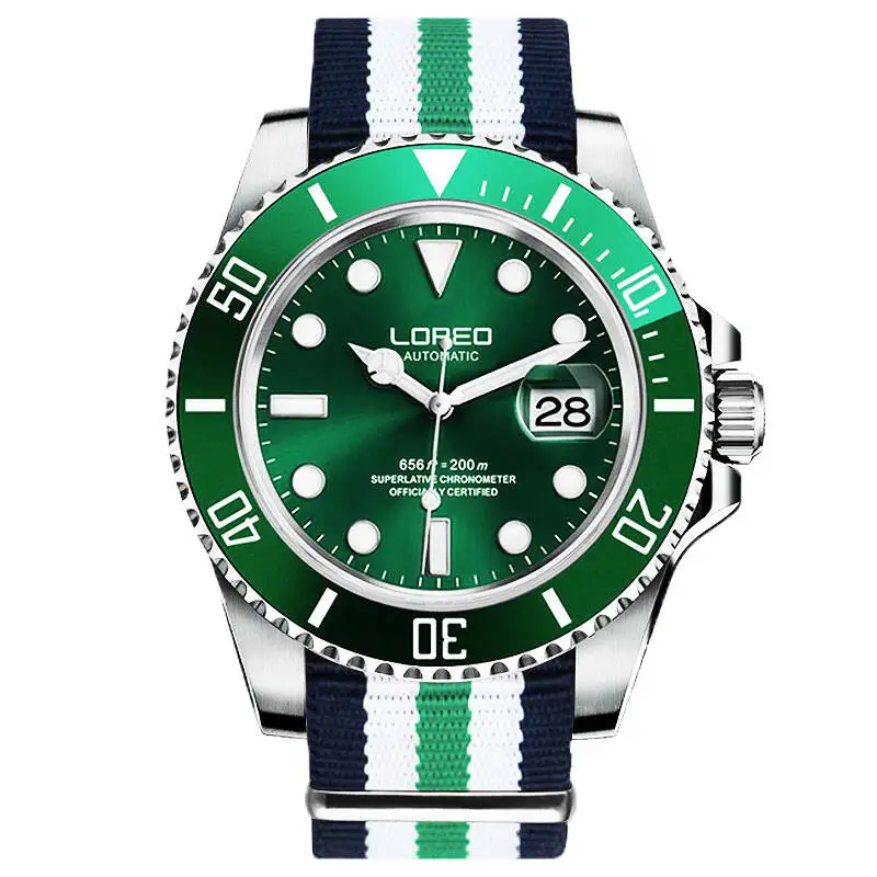 LOREO 9201 немецкие часы diver 200 м oyster perpetual автоматические механические Pro Diver аналоговые автоматические спортивные из нержавеющей стали - Цвет: Green nylon