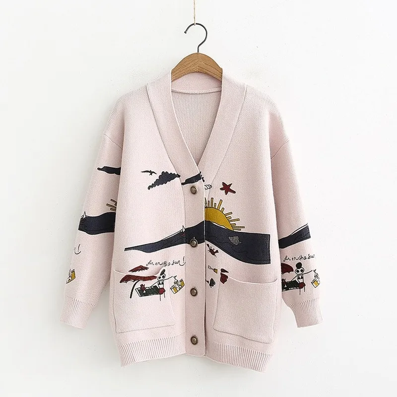 

2020 fashion new loose knit cardigan sweater women cute print all-match long-sleeved knitted jacket autumn and winter clothes