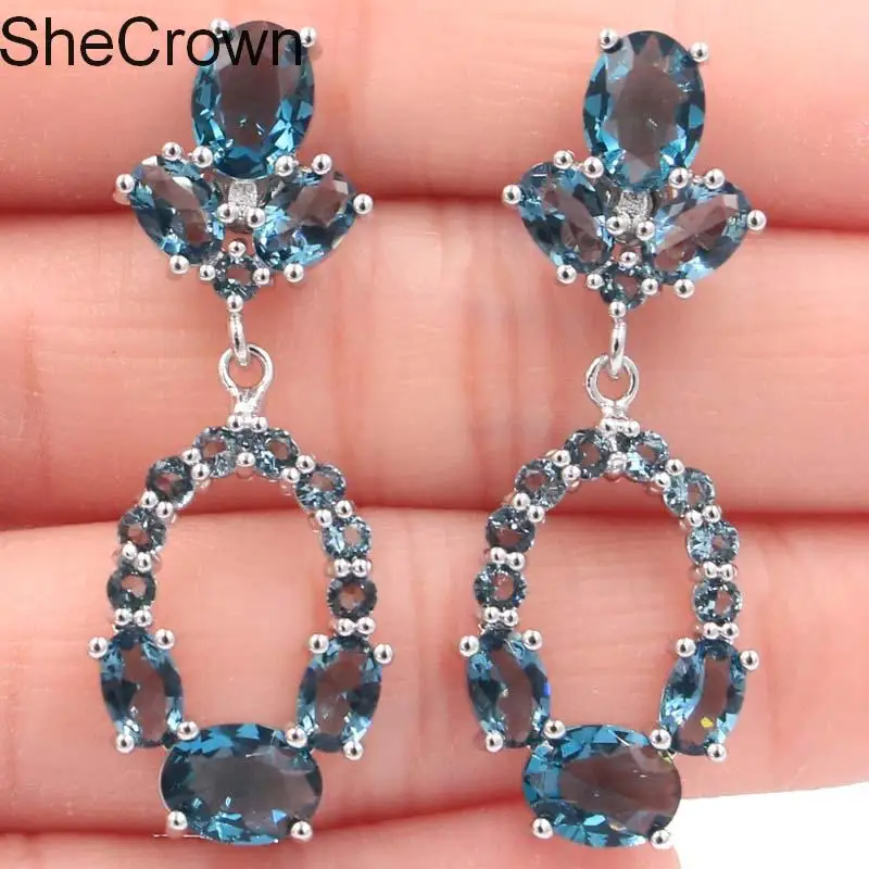 

Romantic London Blue Topaz SheCrown Woman's Wedding Silver Earrings39x13mm
