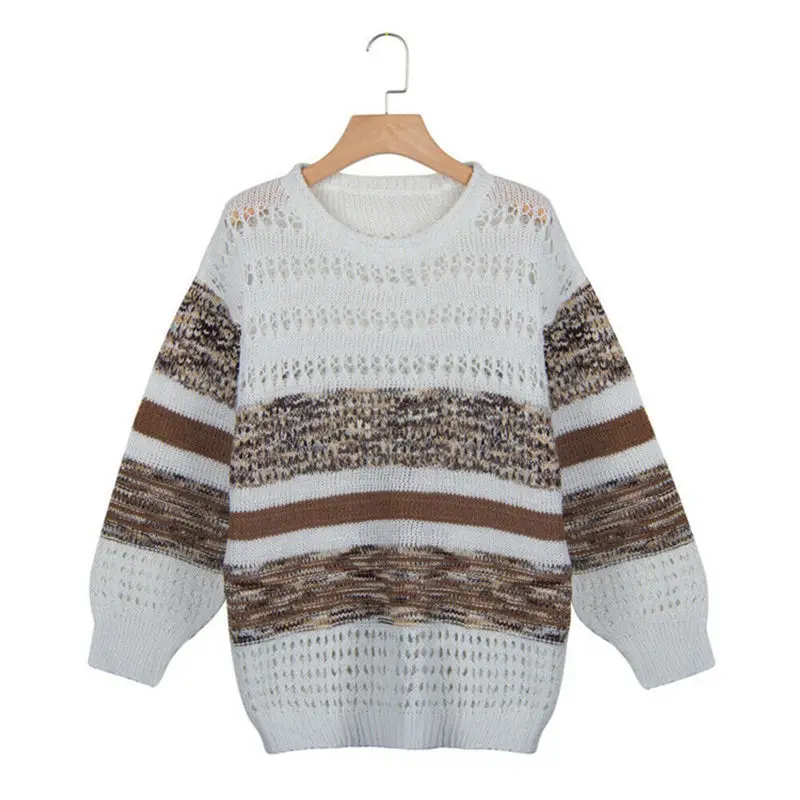Fashion Striped Pullover Sexy Pullover Long Sleeve Casual Women Ladies Hollow Out Sweaters Woman Plus Size Pullovers