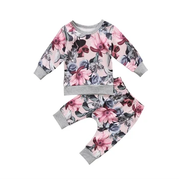 

0-24M Newborn Baby Girls Clothes Long Sleeve O-Neck Pullover Floral Print T Shirt Tops Pants Outfit Spring Fall Baby Clothing