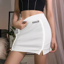 Летние новые сексуальные ребристые сшивание Светоотражающие буквы вышивка белая юбка женские юбки женская белая юбка