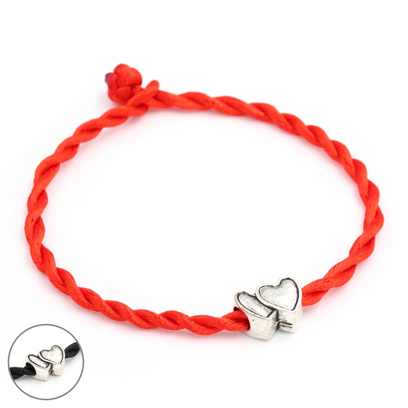 

Personalized Black Thread String Beads Bracelet Handmade DIY Lucky Red Rope Double Heart Charm Bracelet for Women Men Jewelry