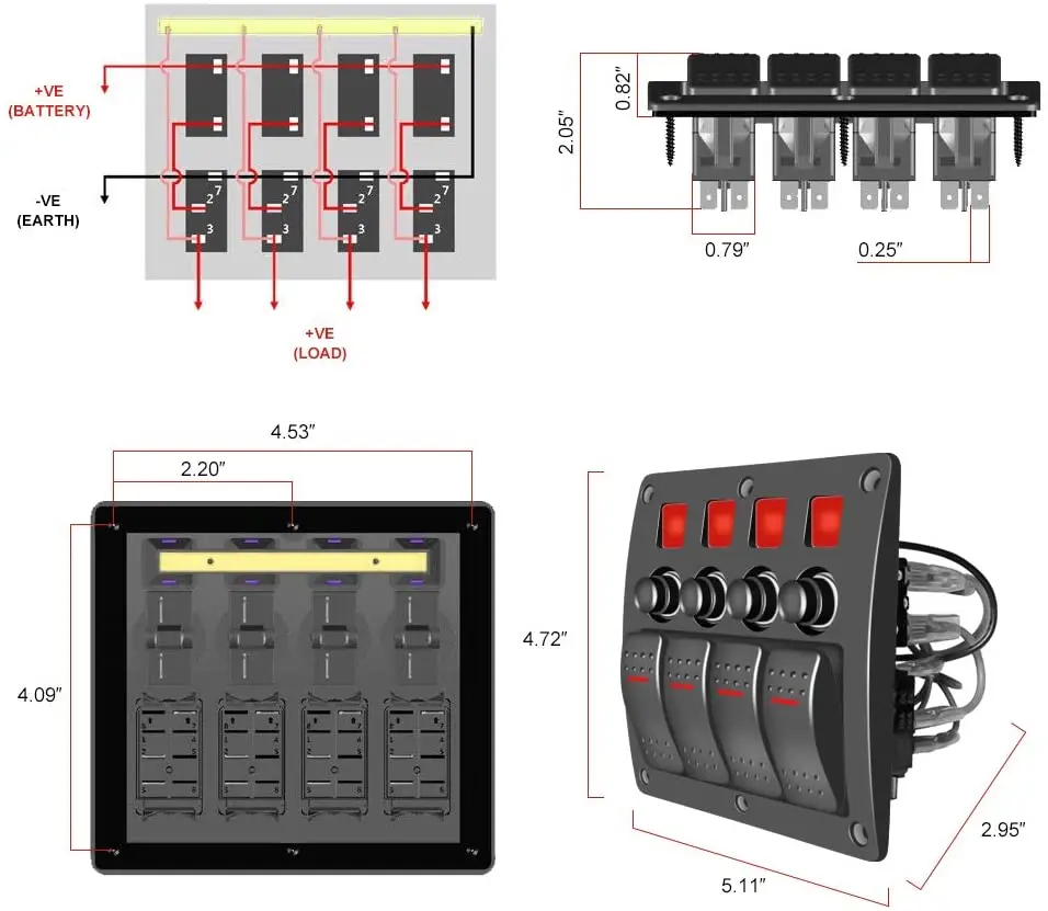 Multi-Colored 4-Gang LED Rocker Switch Panel for Vehicles and Marine Applications