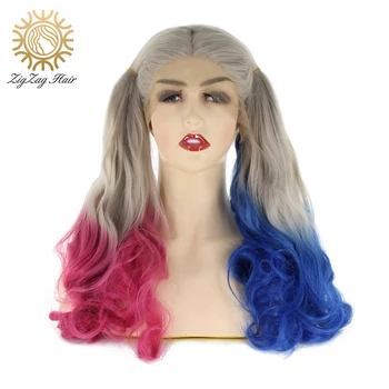 

ZigZag Harley Quinn Color Synthetic Lace Front Wig Natural Glueless Heat Resistant Fiber Hair Cosplay Long Wavy Wigs for Women