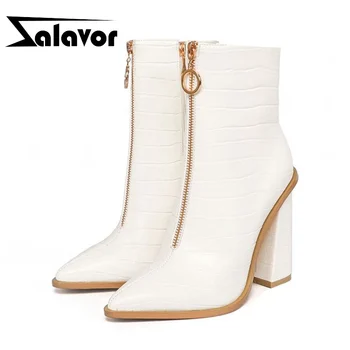 

ZALAVOR Square Heel Women Ankle Boots Leather Print Pattern Women Zipper Shoes Winter Pointed Toe Mujer Footwear Size 35-43