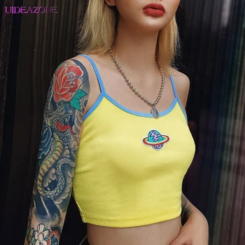

Embroidered Pattern Women Cropped Tops Slash Neck Sleeveless Female Outfits Yellow Tank Tops Strappy Kawaii Girls Fashion