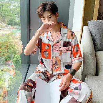 

Novelty Print Couple Pajamas Set Satin 2PCS Sleepwear Short Sleeve Pyjamas Suit Summer Sleep Set Lovers' Casual Home Clothes