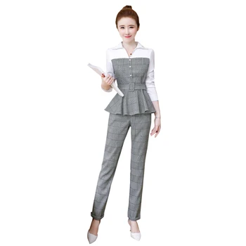 

Two Pieces Sashes Plaid Blouse Shirts Long Sleeve and Pants Sets Elegant Women 2020 Spring Summer Fashion OL Pant suits WS212