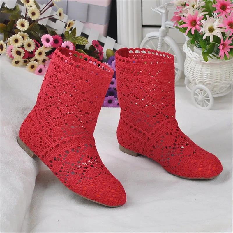 spring and autumn knitted hollow boots flat bottom mesh high / low tube breathable fashion lace boots women's shoes