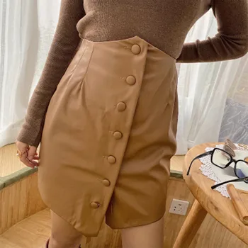 

2020 Spring Women's Artificial Leather Short Skirt Solid Color A-line Button Casual Mini Skirt