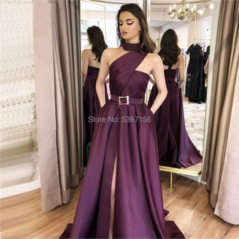

Purple One Shoulder Sexy Satin Evening Dresses 2019 High Neck Ruched Simple Evening Gowns Long