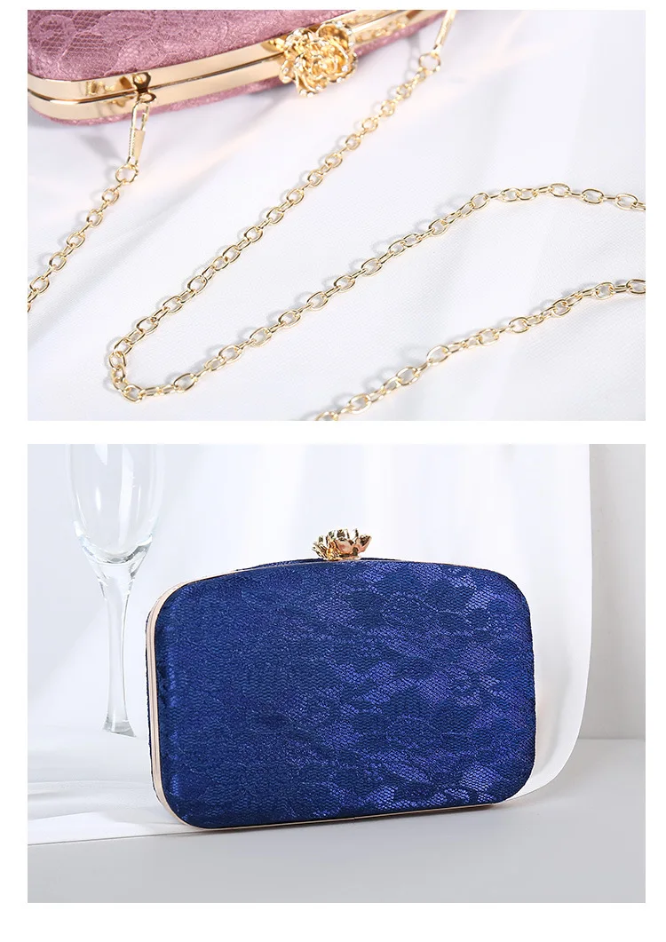 2022 Female Bag Lace Evening Clutch Purse Handbags Luxury Designer Metal Rose Button Shoulder Bag Chain Bride Wallet
