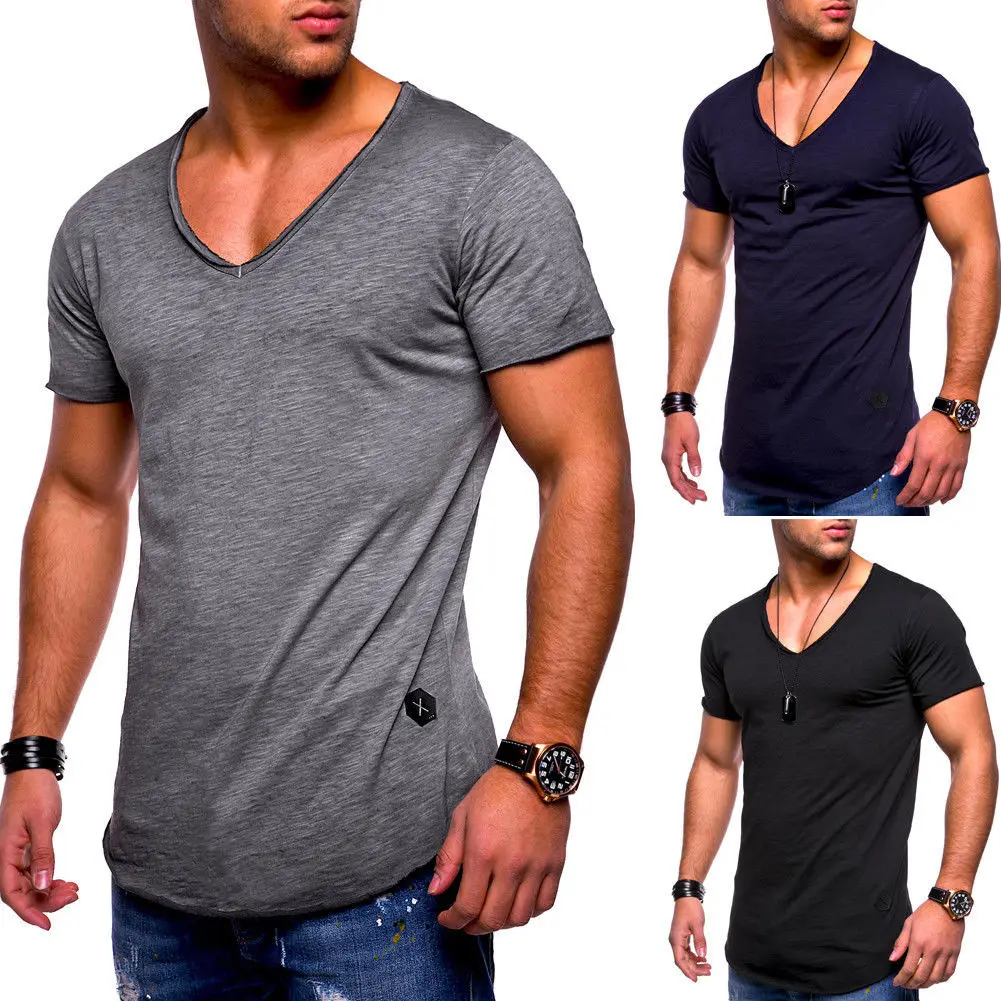 Camiseta de manga corta para hombre, camisa con en V, sólido, novedad de verano|Camisetas| - AliExpress