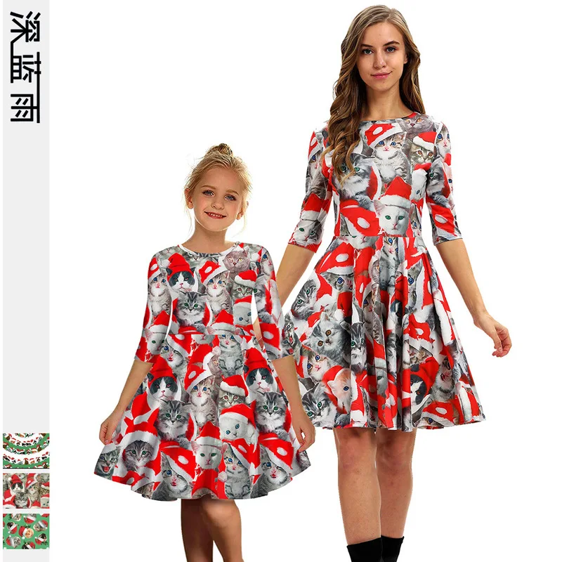 

Family Christmas Mother Daughter Dresses Novelty Cat Print Mommy and Me Women Kids Girls Matching Dress Xmas Cosplay Clothing