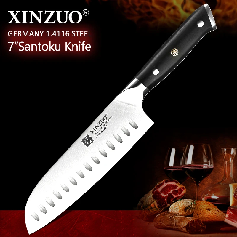 XINZUO 7 дюймов нож сантоку DIN 1,4116 нержавеющая сталь немецкий кухонный нож супер острые Лучшие ножи с черной ручкой сувенирные ножи