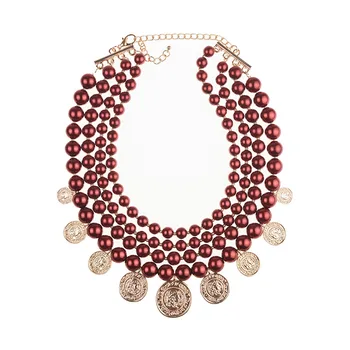 

BK Multi-layers Resin Pearl Necklace Head Coin Pendant Exaggerated Statement Bib Collar Choker Chunky Women Fashion Jewelry