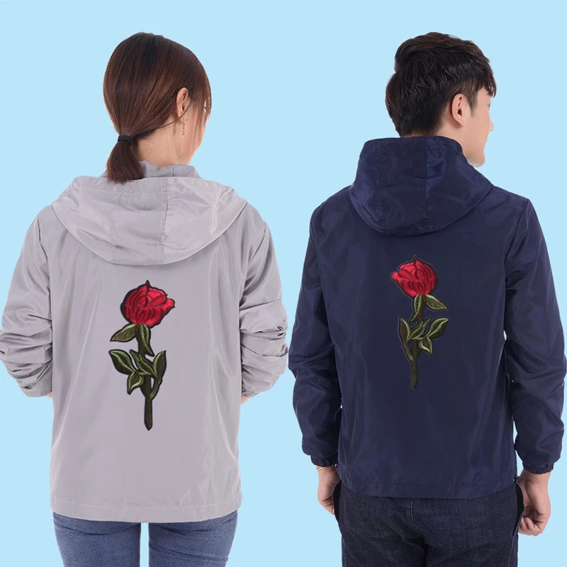 Мужская и Женская толстовка с капюшоном с вышивкой розы, куртка, Повседневная ветровка, Спортивная кофта для бега, одежда для влюбленных