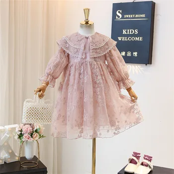 

2020 spring girls pink beige lace princess dress girl turn-down collar super elegant long sleeve party dresses kids clothing