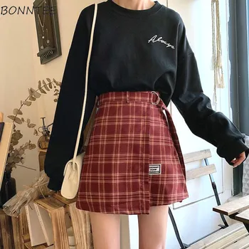 

Irregular Plaid Skirts Womens Sashes Ribbons High Waist Design Fashion Short Skirt Ladies A-line Elegant College Style Casual