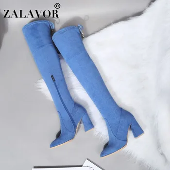 

ZALAVOR 2020 Winter Women Solid Colors Denim Boots Simple Warm Over The Knee Boots Pointed Toe Zipper Shoes Woman Size 31-43