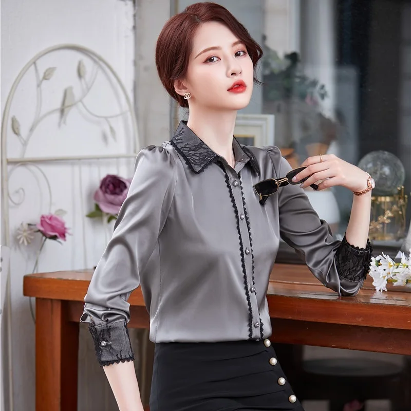 Spring Fall Turn down Collar Blouses 