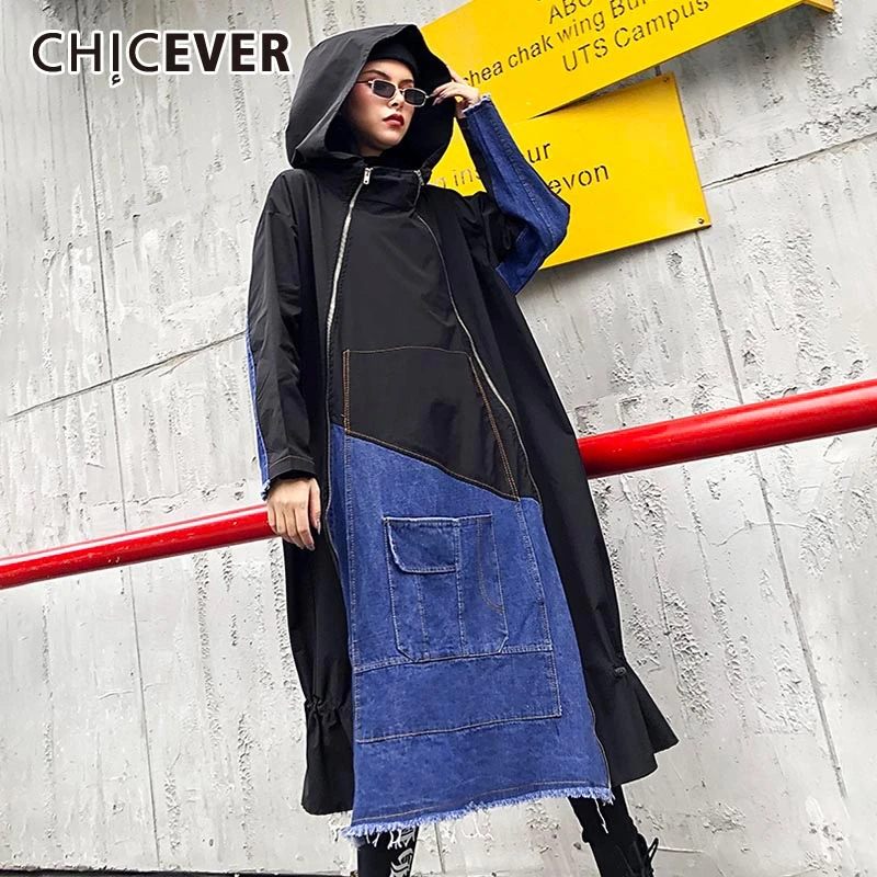 CHICEVER лоскутное деним хит цвет толстовка женская с капюшоном длинным рукавом негабаритных Свободные Женские кофты Весенняя новая одежда