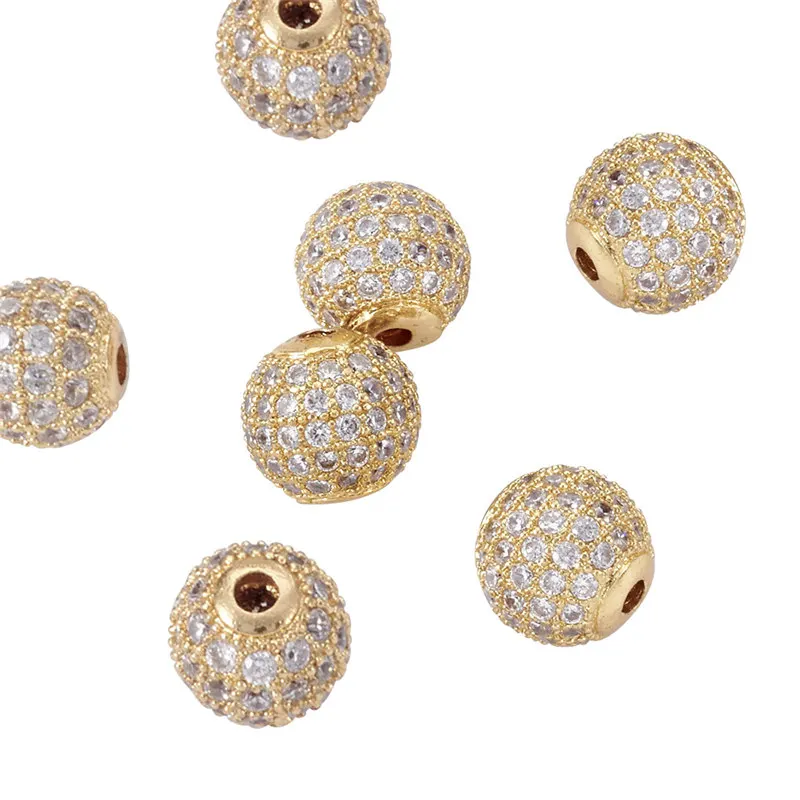 10pcs 6/8/10/12mm Round Brass Ball Pave Cubic Zirconia Charm Bead Metal Rhinestone Bead for Jewelry Making DIY Bracelet Necklace