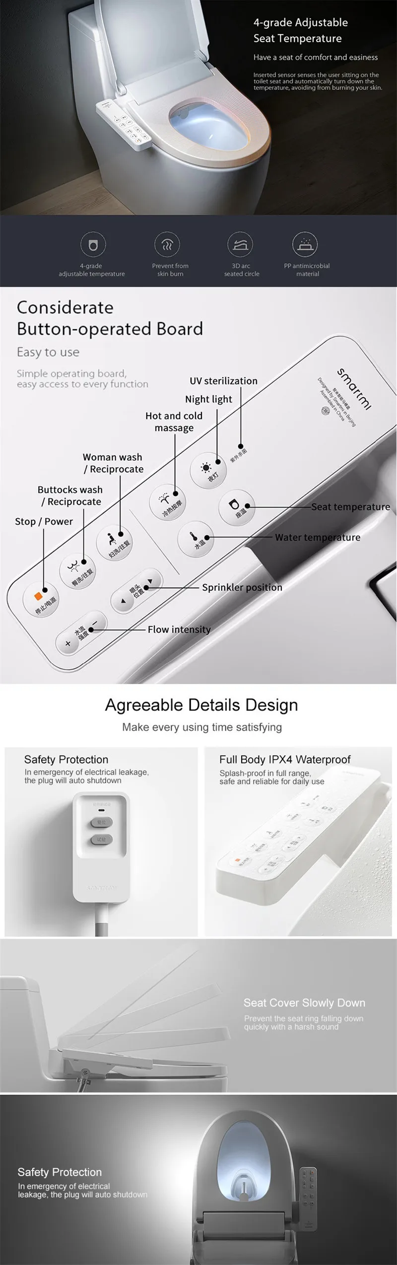 Xiaomi Mi многофункциональное умное "сиденье для унитаза с заботой о вашем здоровье светодиодный ночной Светильник 4-ступенчатая Регулируемая температура воды электронный биде унитаза