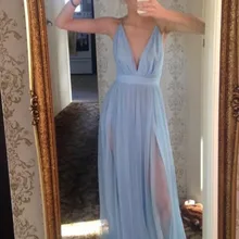 Элегантное платье для выпускного вечера ТРАПЕЦИЕВИДНОЕ с глубоким v-образным вырезом в пол с разрезом сбоку крест-накрест на бретелях Синий Тюль Вечерние платья для выпускного вечера