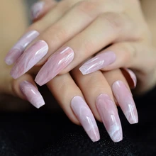 Удлиненные розовые мраморные накладные ногти глянцевые гробовые балерины предварительно спроектированные изогнутые накладные ногти без клейкой ленты